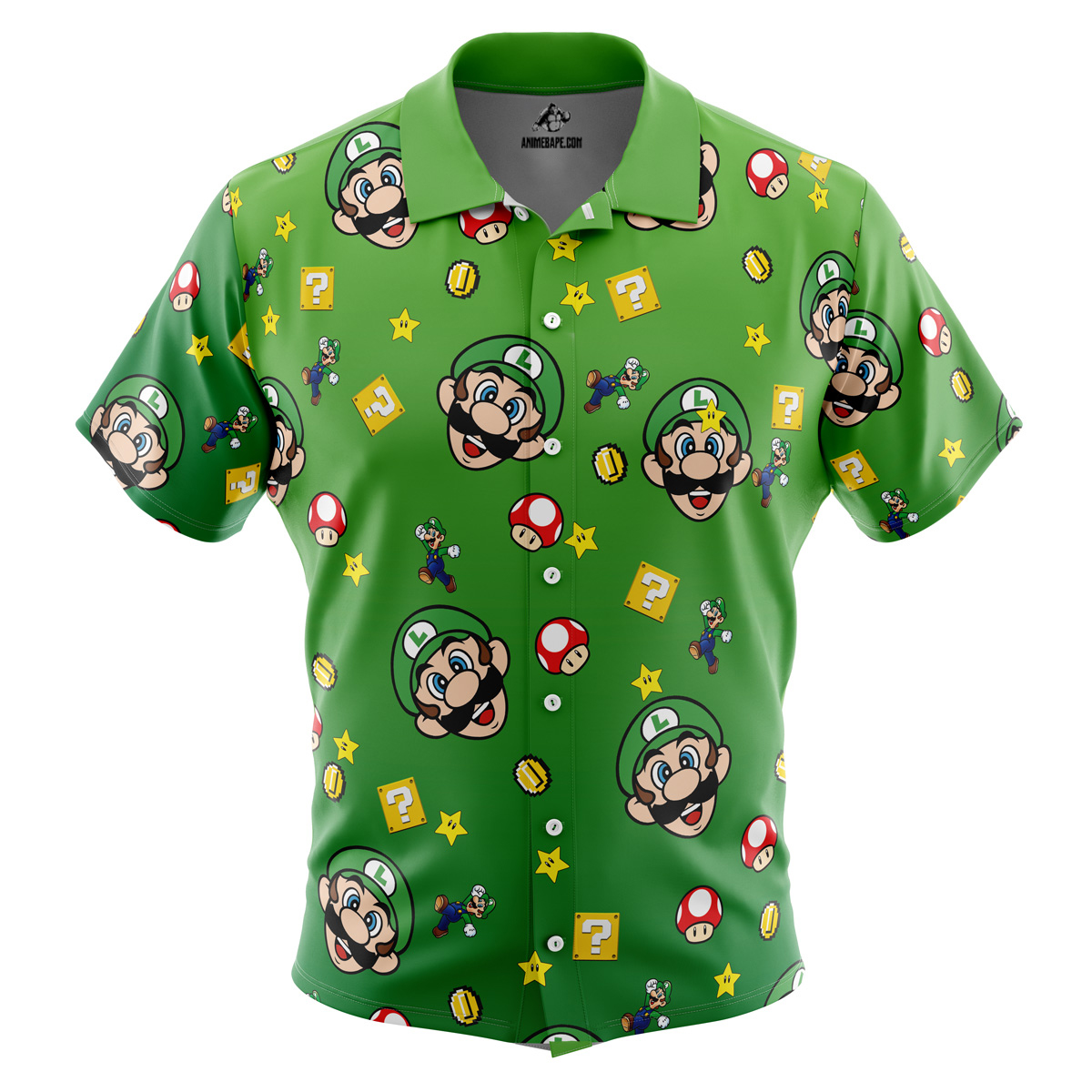 Luigi Pattern Mario Bros Button Up Hawaiian Shirt