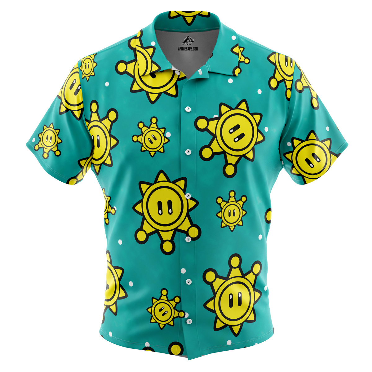 Shine Sprite Pattern Mario Bros Button Up Hawaiian Shirt