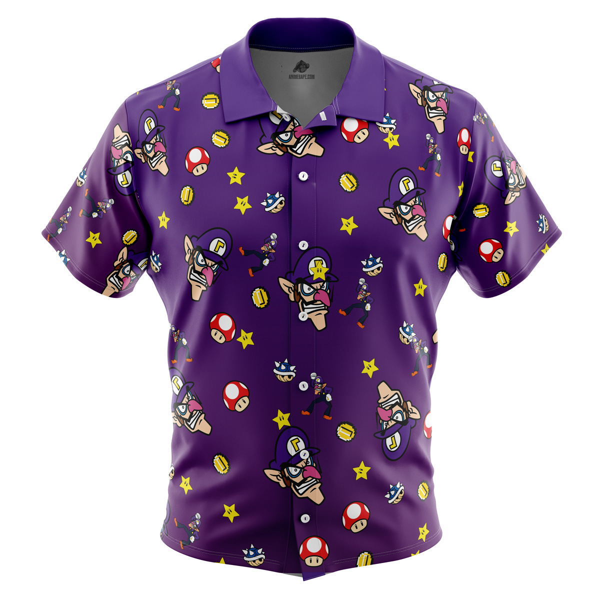Waluigi Pattern Mario Bros Button Up Hawaiian Shirt