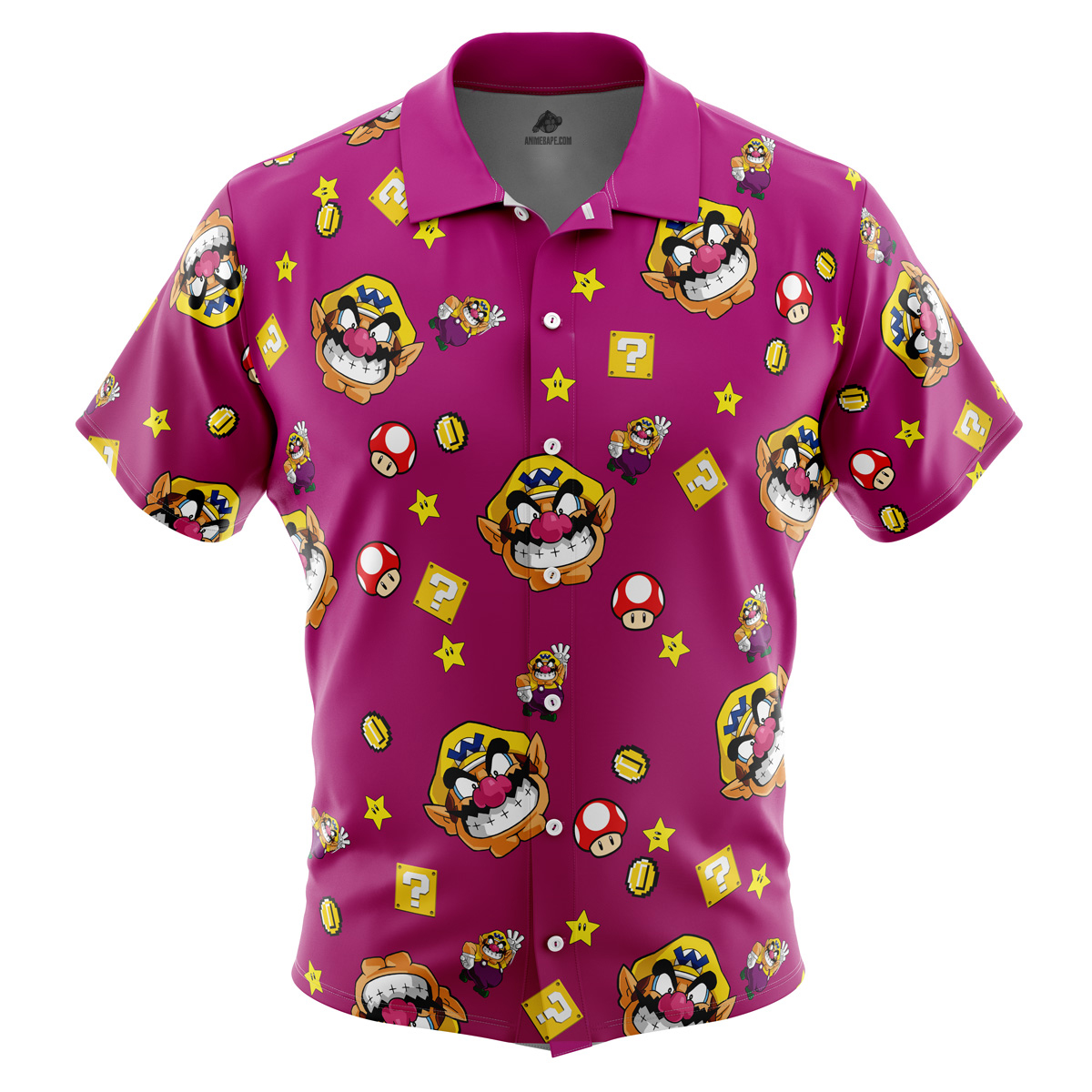 Wario Pattern Mario Bros Button Up Hawaiian Shirt